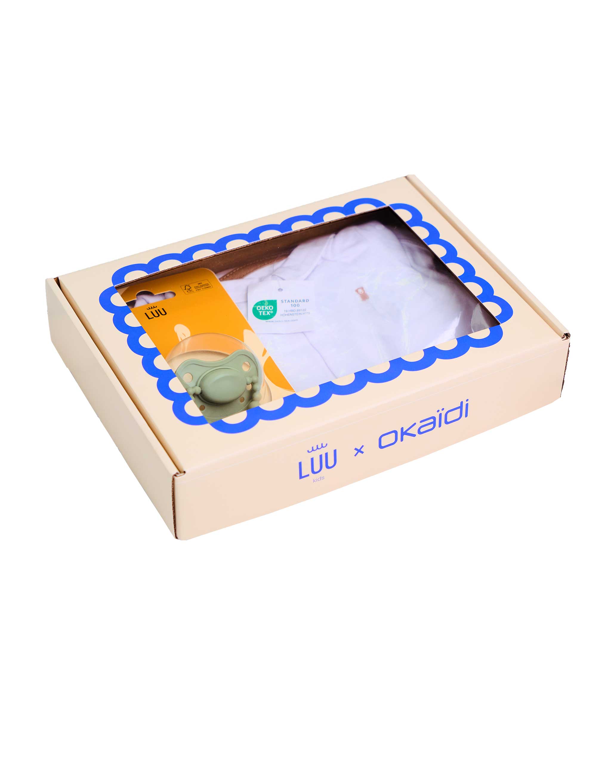 Zestaw prezentowy - Smoczek LUU Kids Seaside Grass + Spodenki ogrodniczki i body dla chłopca OKAIDI