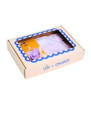Zestaw prezentowy - Smoczek LUU Kids French Lavender + Fioletowy rampers i body dla dziewczynki OKAIDI