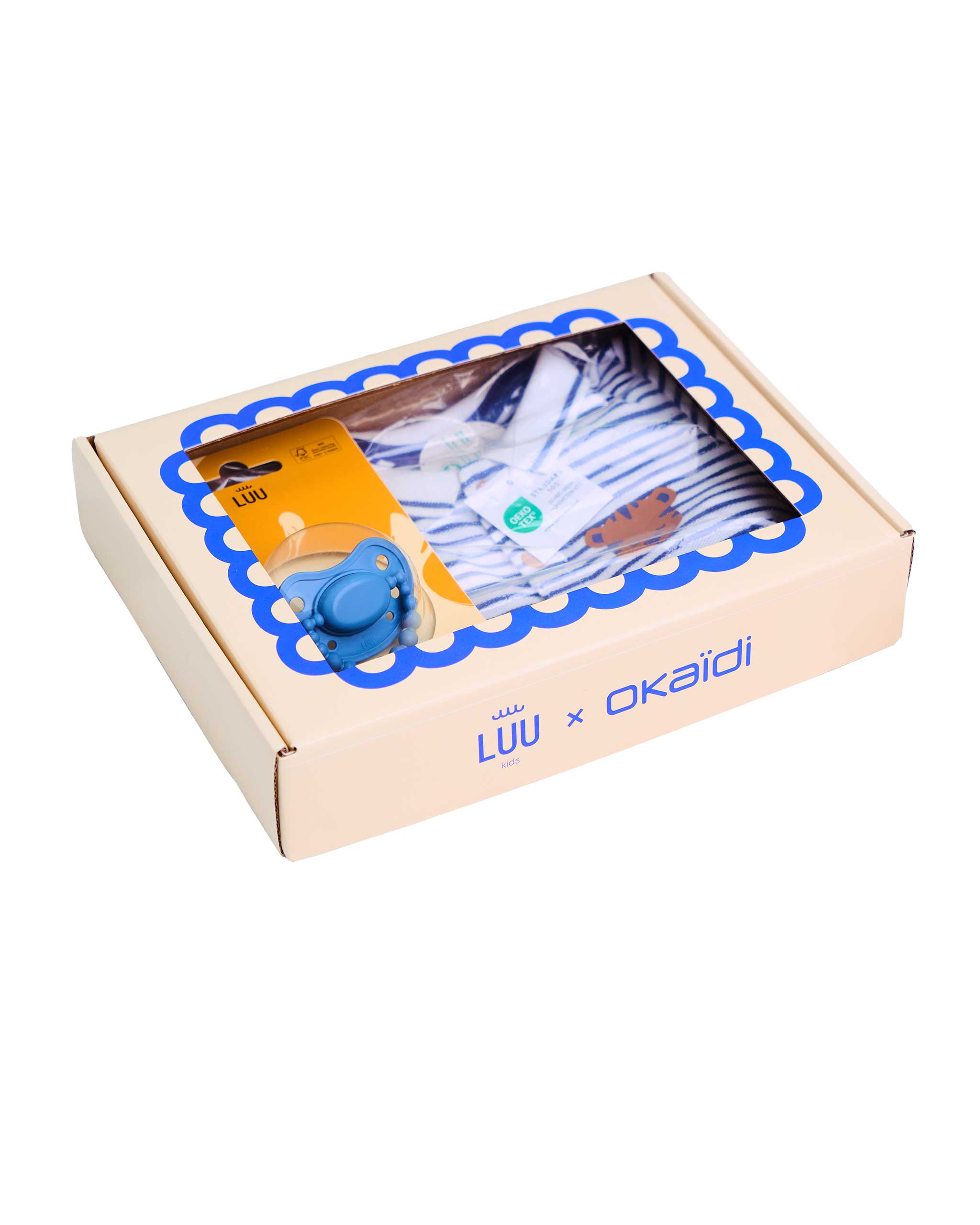 Zestaw prezentowy - Smoczek LUU Kids Cloudy Blue + Rampers w paski dla chłopca OKAIDI
