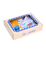 Zestaw prezentowy - Smoczek LUU Kids Cloudy Blue + Rampers w paski dla chłopca OKAIDI
