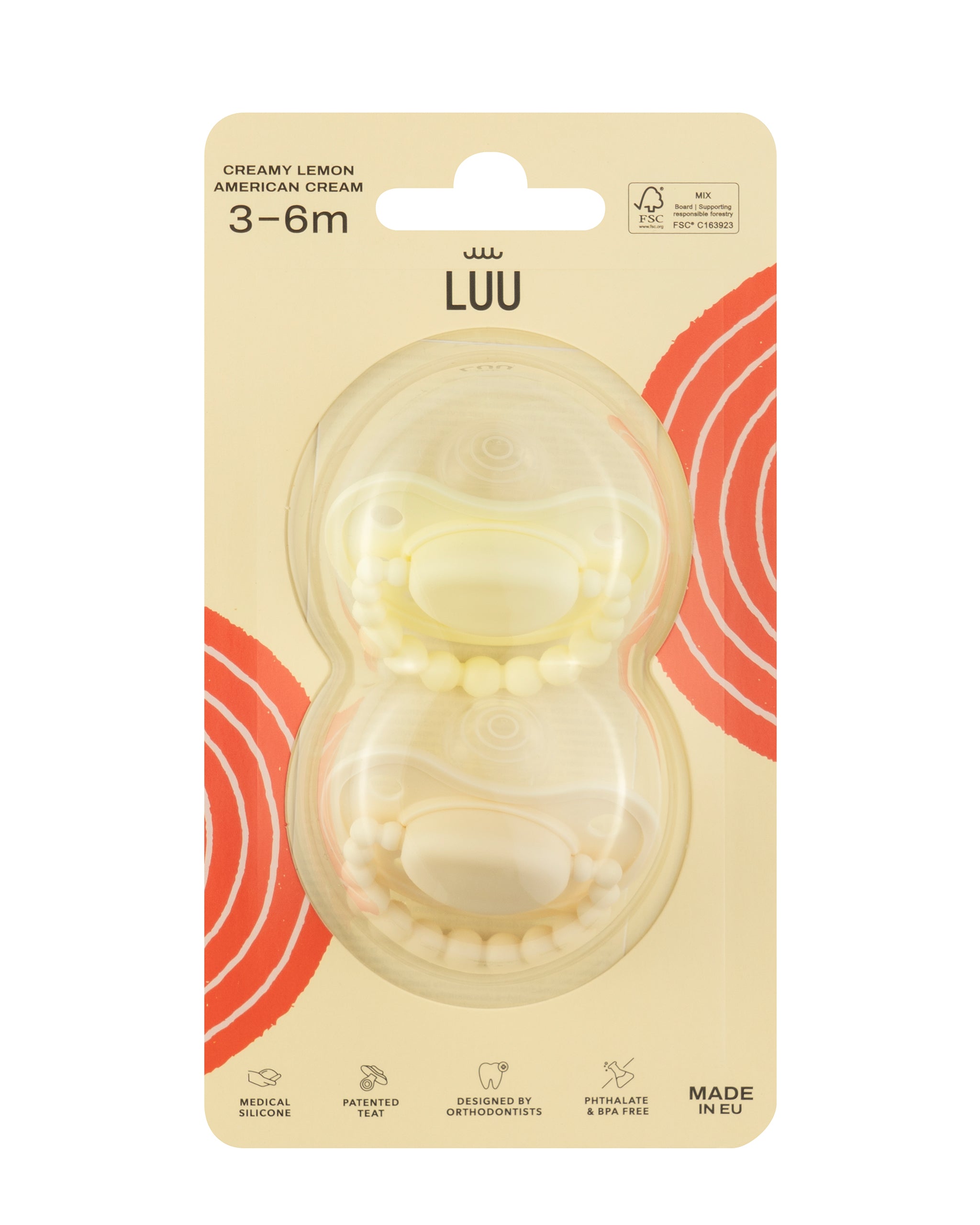 Zestaw smoczków LUU Kids Creamy Lemon i American Cream dwupak opakowanie