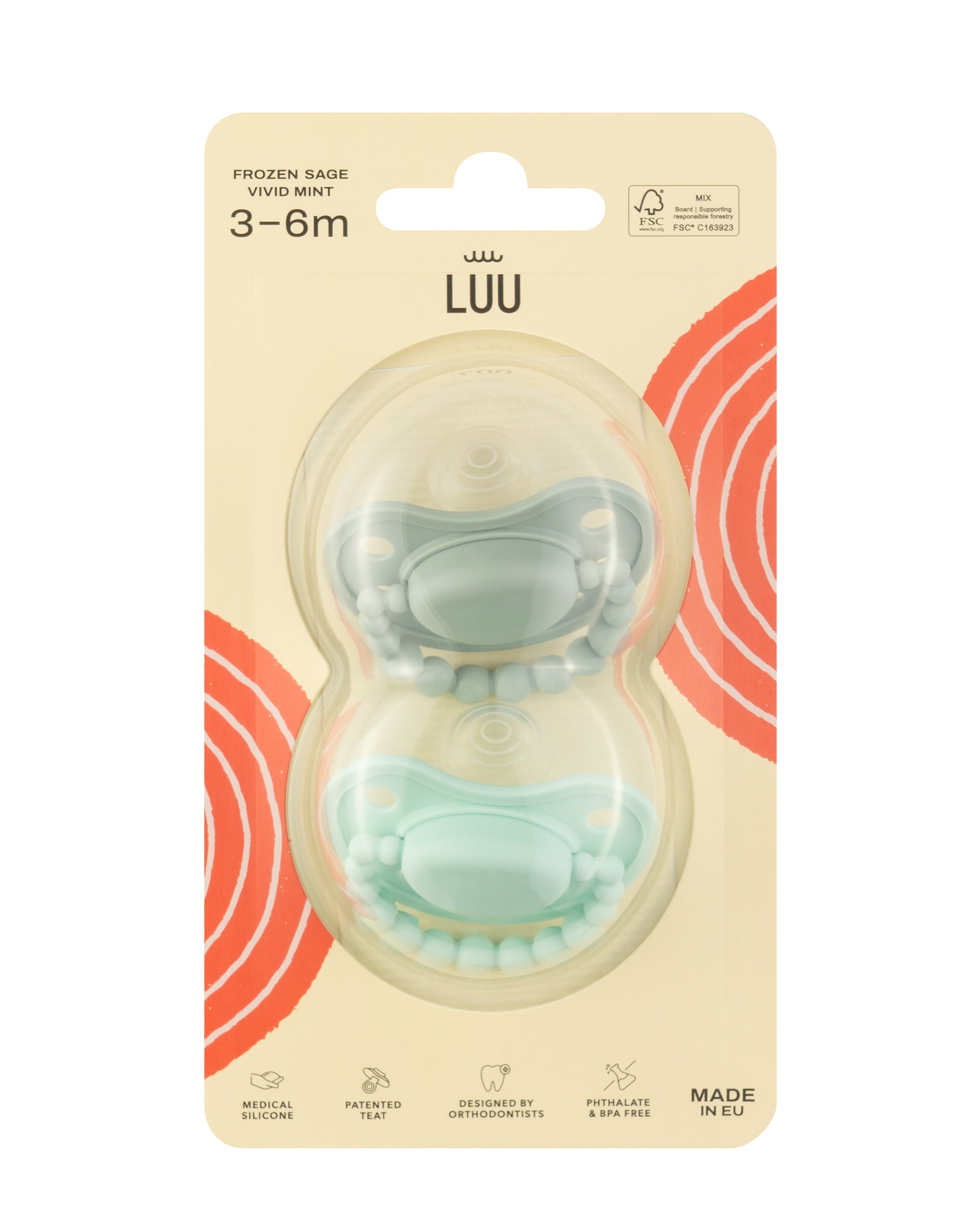 Zestaw smoczków LUU Kids Frozen Sage i Vivid Mint opakowanie