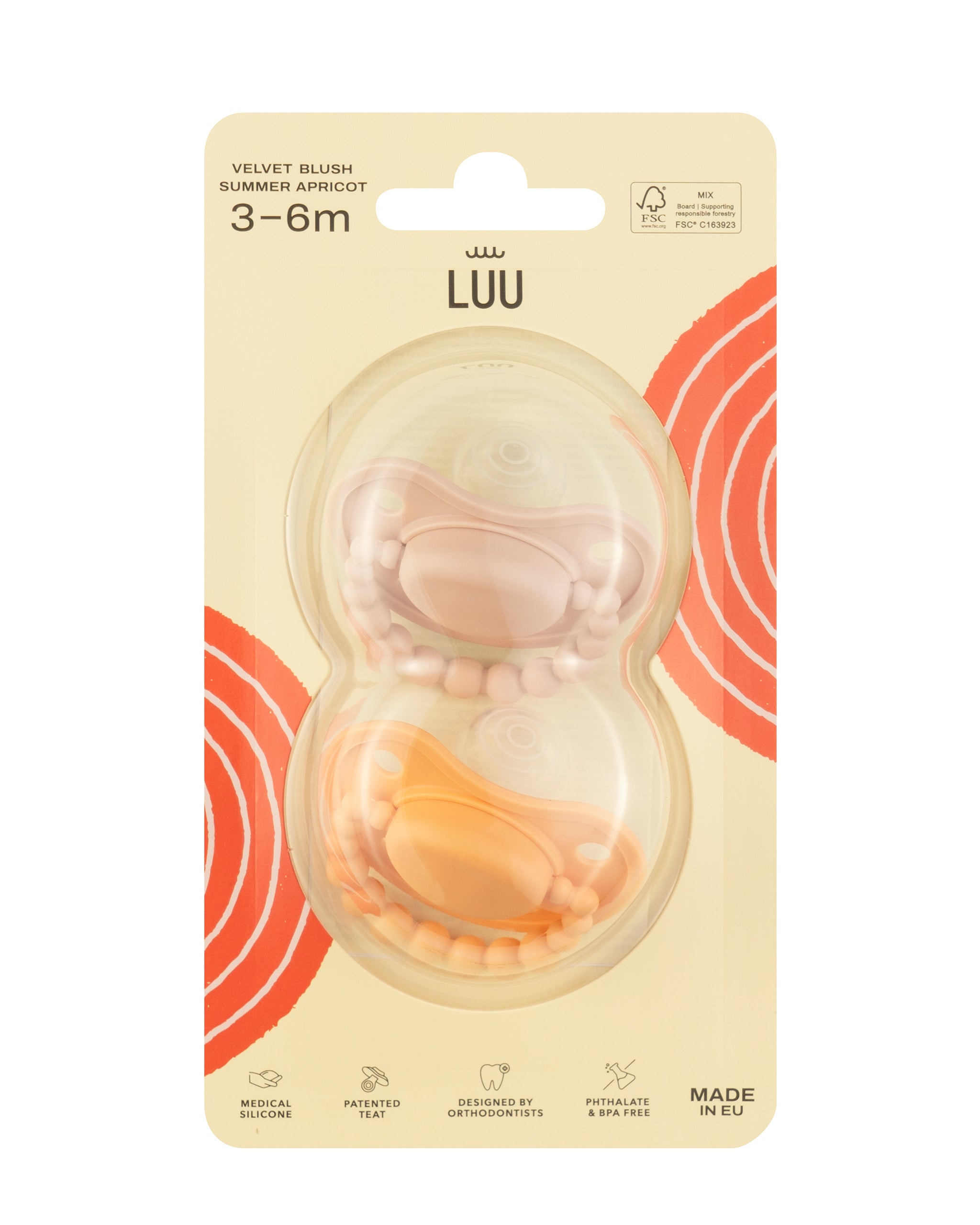 Zestaw smoczków LUU Kids Velvet Blush i Summer Apricot dwupak opakowanie